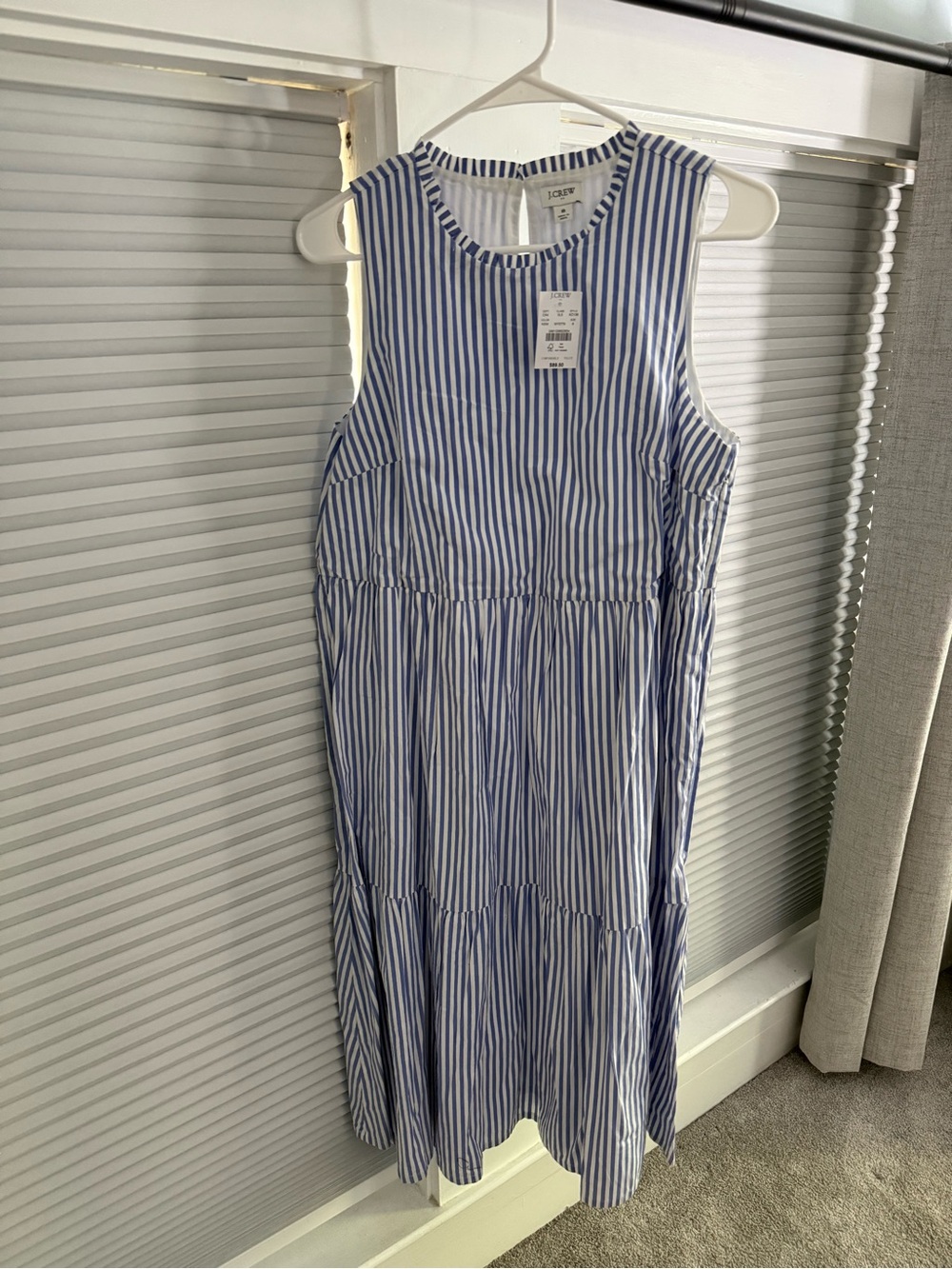 J Crew Sleeveless Blue and White Striped Tiered Dress